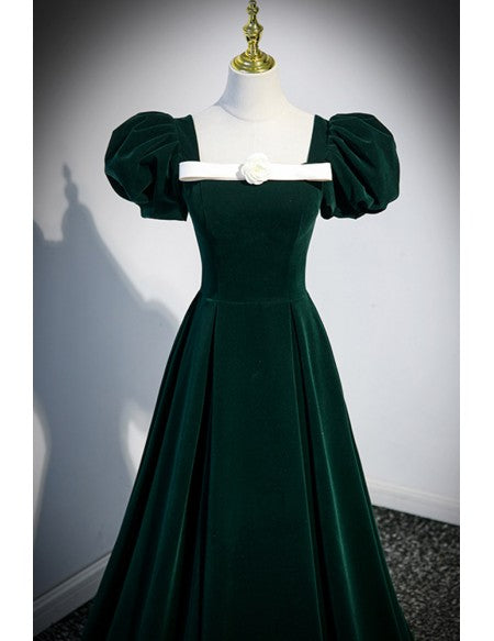 Formal Dark Green Velvet Long Prom Dress with Bubble Sleeves