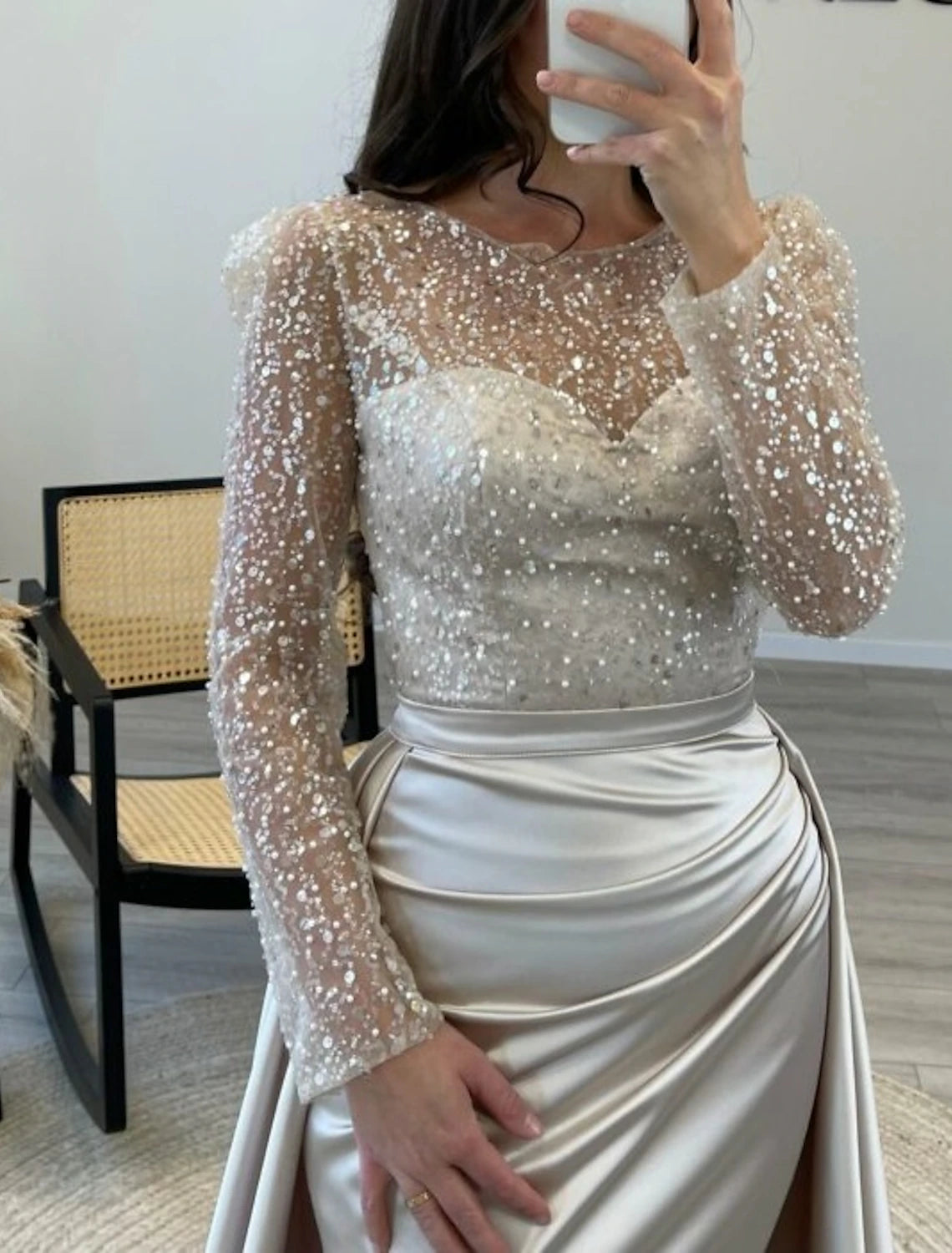 Mermaid Sequin Evening Gown Ruched Satin Dress Long Sleeves Floor Length Sparkle Illusion Neck Prom Wedding Guest Dress with Pearls Overskirt
