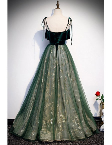 Green Tulle And Sparkly Sequins Long Prom Dress with Straps