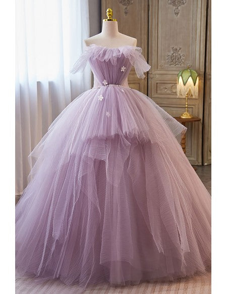 Fairytale Purple Tulle Puffy Ballgown Prom Dress with Train