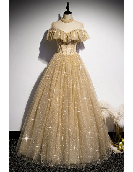 Fantasy Sparkly Gold Ballgown Prom Dress with Beaded High Neck
