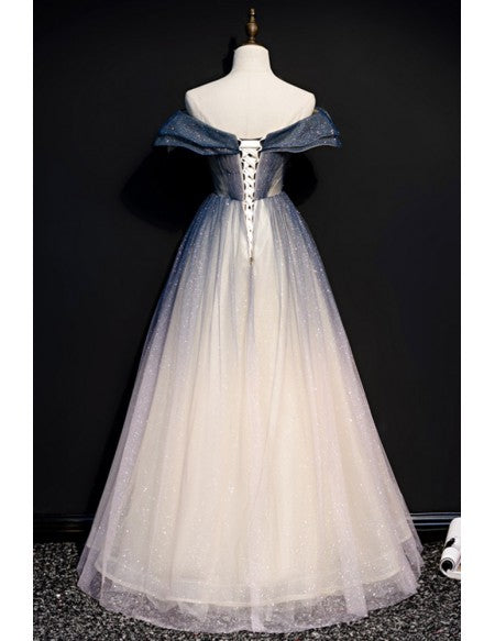 Off Shoulder Ombre Blue Bling Tulle Prom Dress