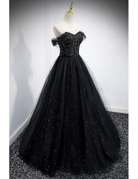 Unique Off Shoulder Black Tulle Mesh Prom Dress with Bling