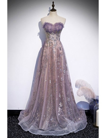 Unique Purple Tulle Prom Dress with Sparkly Sequins