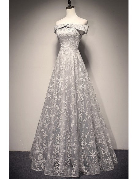 Off Shoulder Grey Stars Lace Long Prom Dress