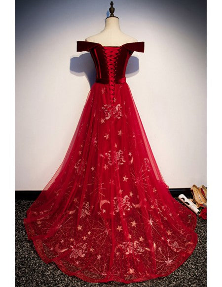Burgundy Off Shoulder Long Prom Dress with Stars