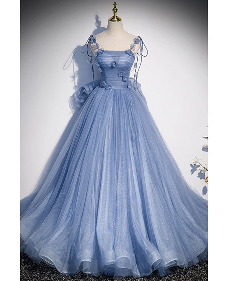Fairytale Blue Flowers Long Tulle Ballgown Prom Dress