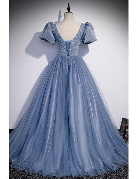 Princess Blue Ballgown Long Tulle Prom Dress with Sequined Top