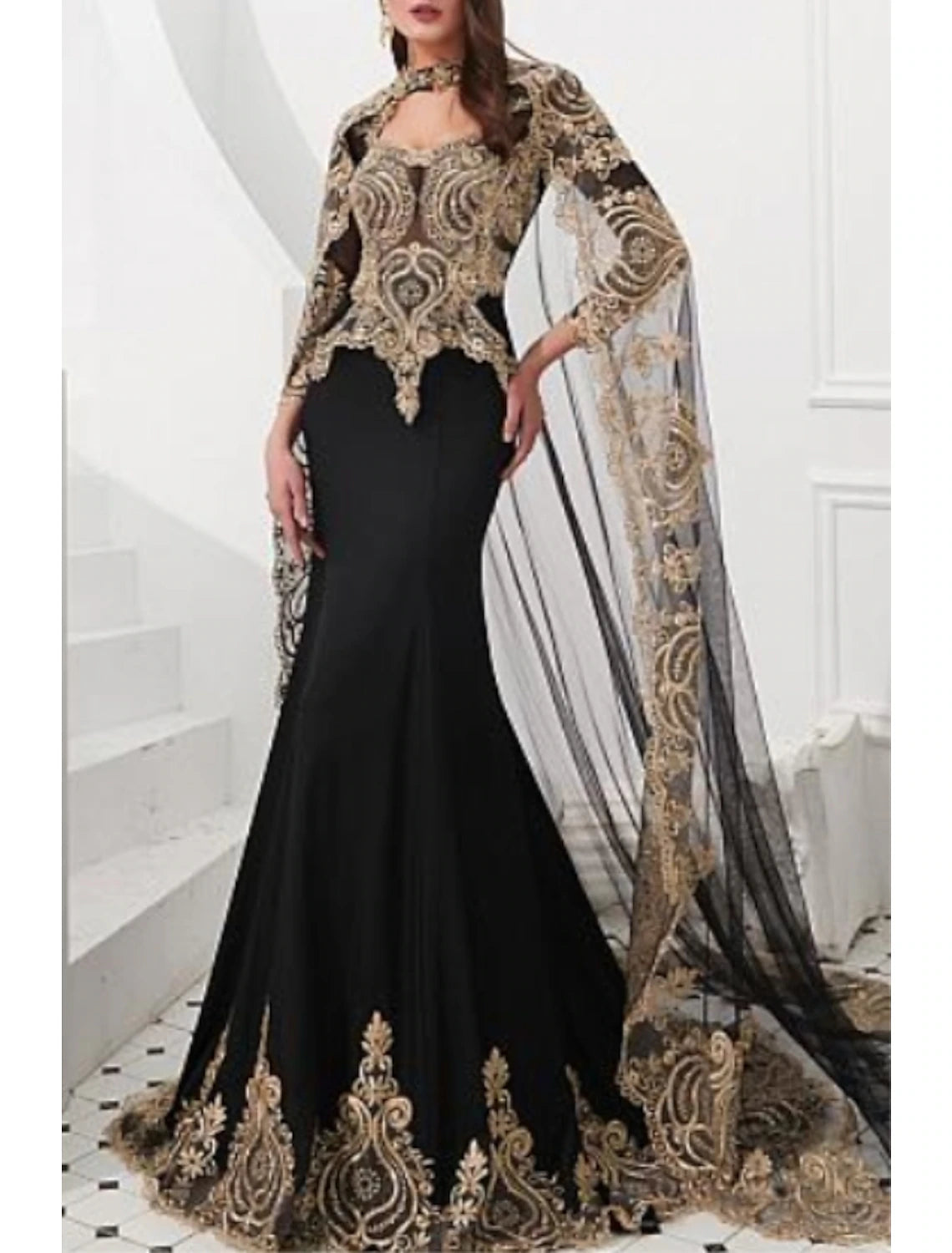 Mermaid Black Dress Evening Gown Black Dress Vintage Halloween Engagement Court Train Long Sleeve High Neck Wednesday Addams Family Satin with Appliques