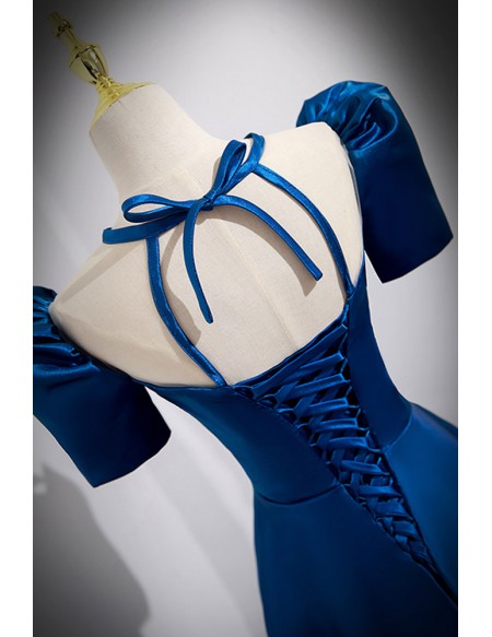 Royal Blue Aline Long Cute Prom Dress with Illusion Square Neckline