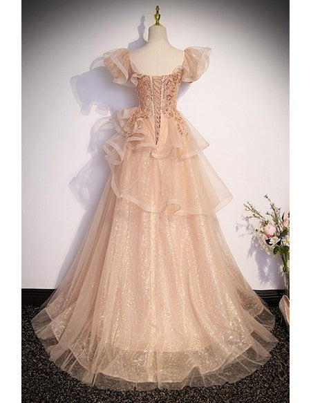 Champagne Tulle with Bling Ruffled Prom Dress with Beadings