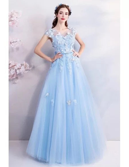Fairy Blue Long Tulle Prom Dress A Line With Butterflies Cap Sleeves