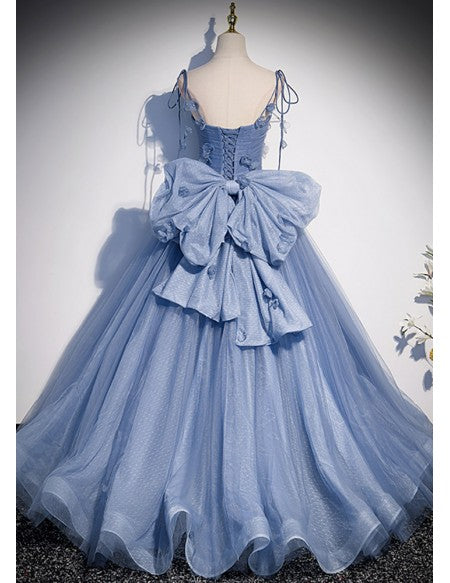 Fairytale Blue Flowers Long Tulle Ballgown Prom Dress