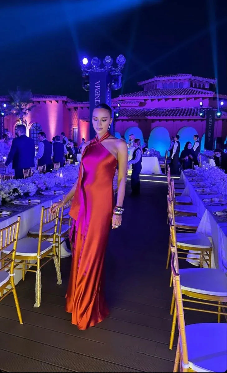 Buyishang Fancy A line Halter Neckline Satin Long Prom Dress Evening Dress Formal Dress