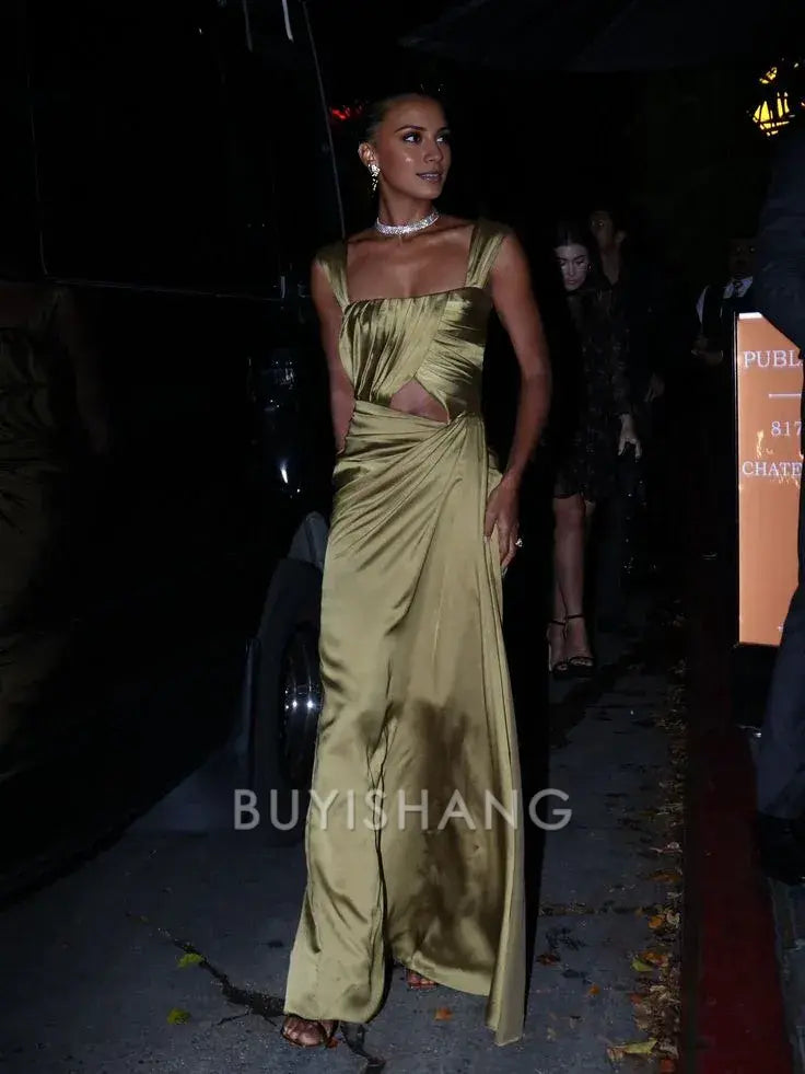 Buyishang Fancy A line Square Neckline Green Satin Long Prom Dress Evening Dress Formal Dress