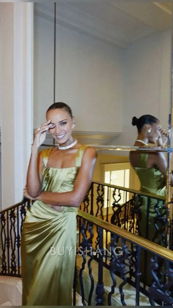 Buyishang Fancy A line Square Neckline Green Satin Long Prom Dress Evening Dress Formal Dress