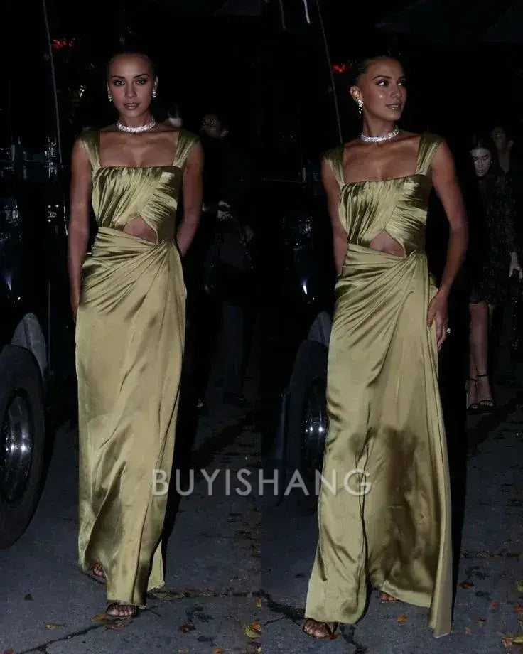 Buyishang Fancy A line Square Neckline Green Satin Long Prom Dress Evening Dress Formal Dress