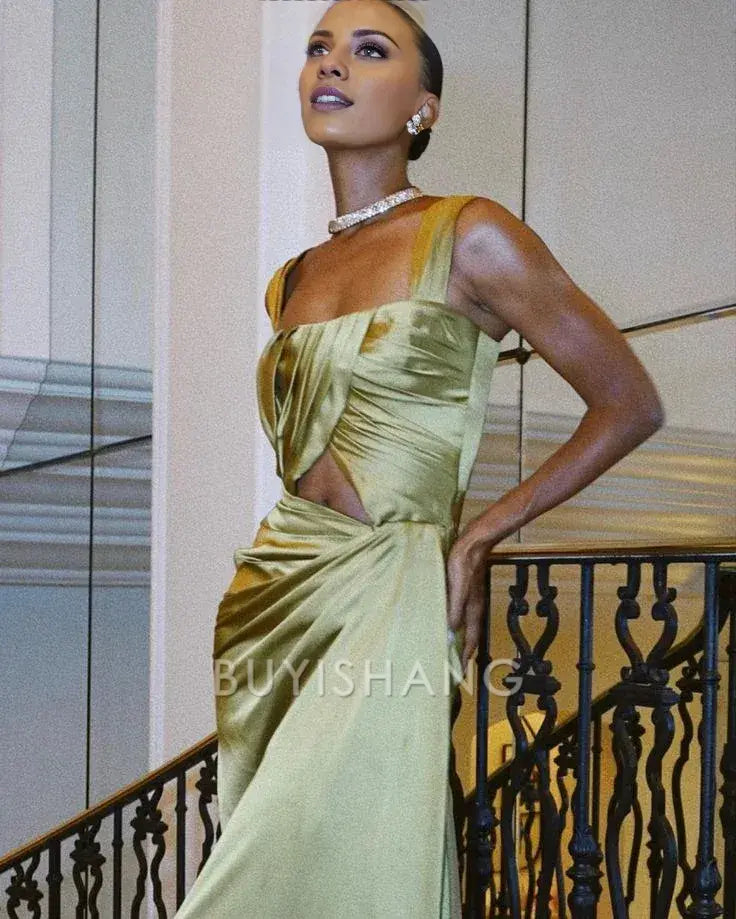 Buyishang Fancy A line Square Neckline Green Satin Long Prom Dress Evening Dress Formal Dress