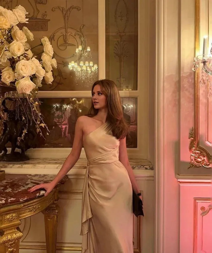 Buyishang Fancy Mermaid One Shoulder Champagne Long Prom Dress Evening Dress Formal Dress