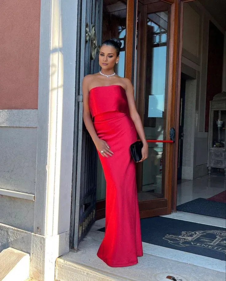 Buyishang Fancy Mermaid Strapless Neckline Red Long Prom Dress Evening Dress Formal Dress