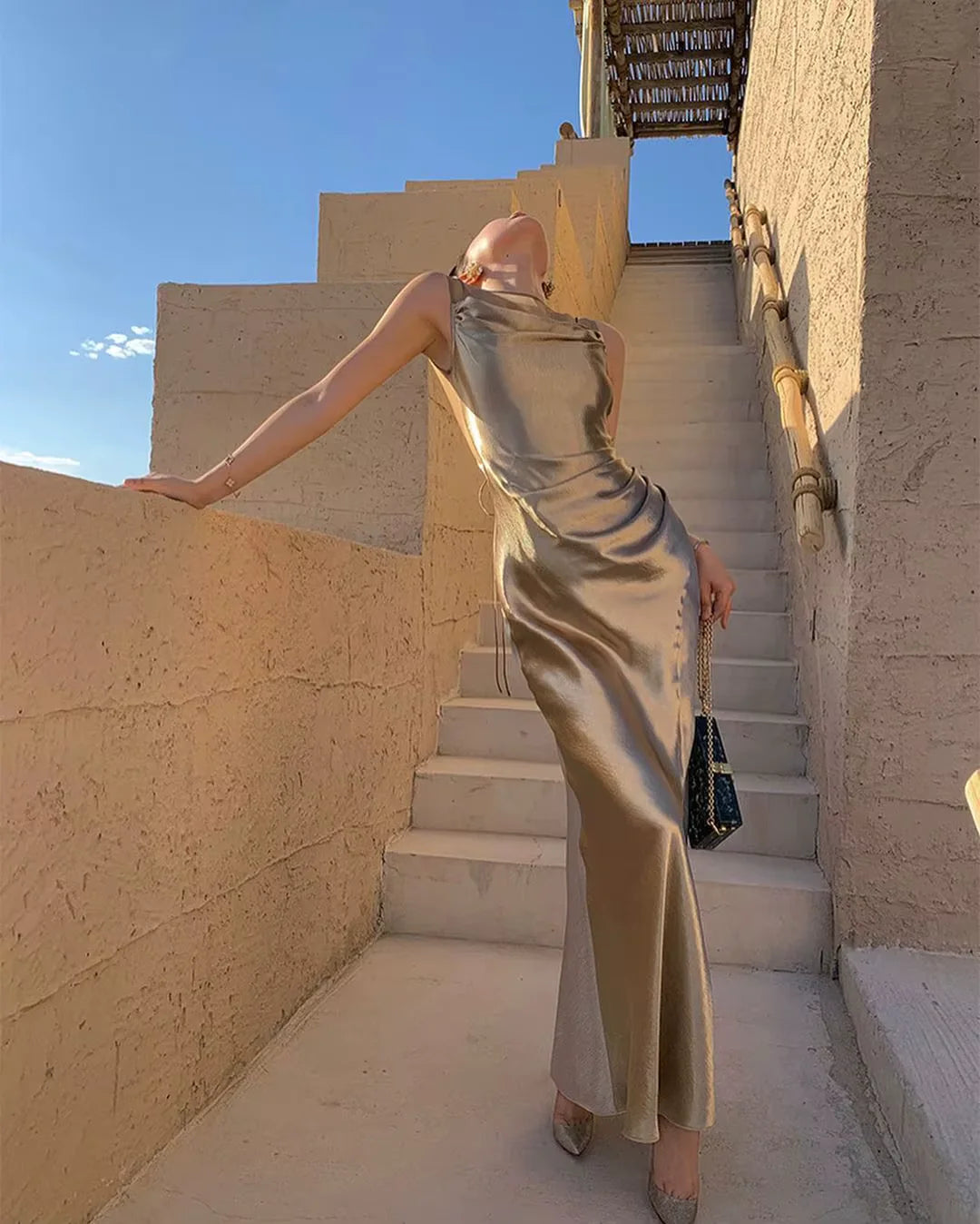 Buyishang Fancy Mermaid Straps Neckline Champagne Satin Long Prom Dress Evening Dress Formal Dress