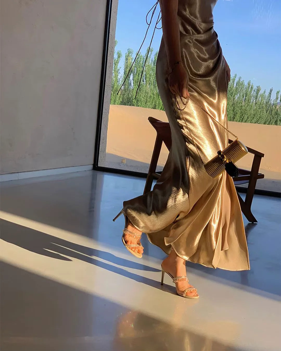 Buyishang Fancy Mermaid Straps Neckline Champagne Satin Long Prom Dress Evening Dress Formal Dress