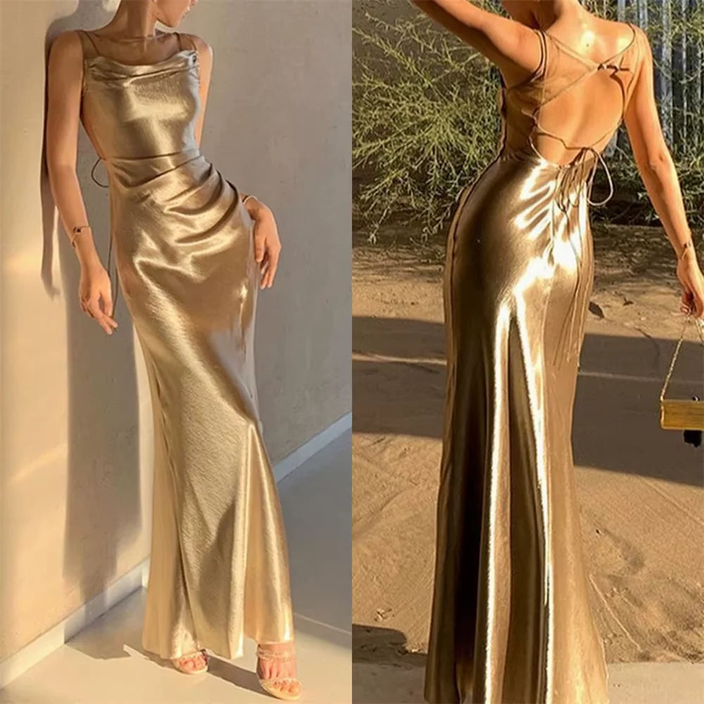 Buyishang Fancy Mermaid Straps Neckline Champagne Satin Long Prom Dress Evening Dress Formal Dress