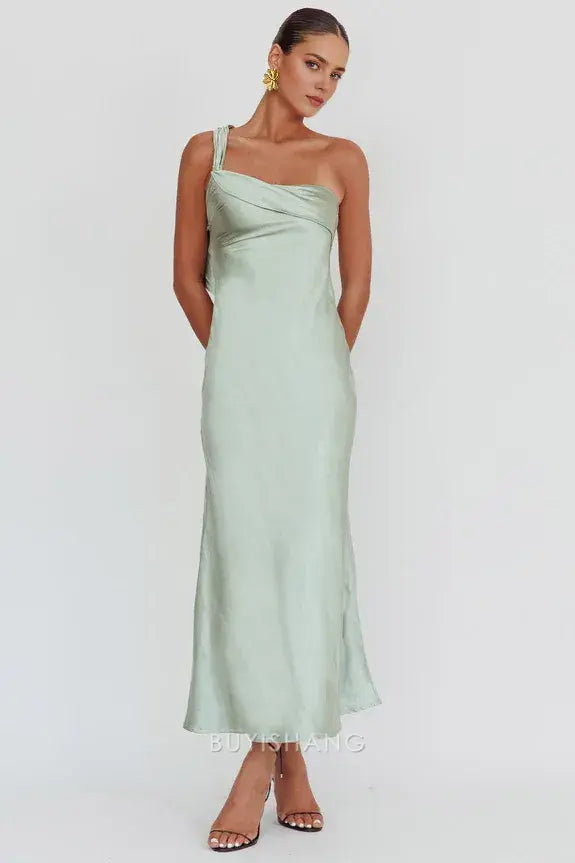 Fashionable Sheath/Column One Shoulder Sleeveless Open Back Ankle-Length prom dress