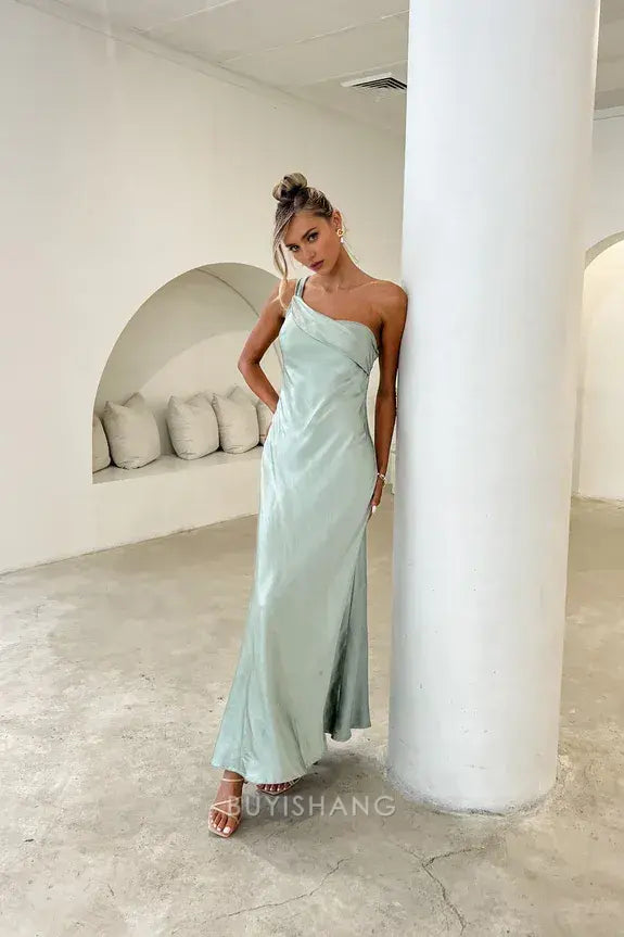 Fashionable Sheath/Column One Shoulder Sleeveless Open Back Ankle-Length prom dress