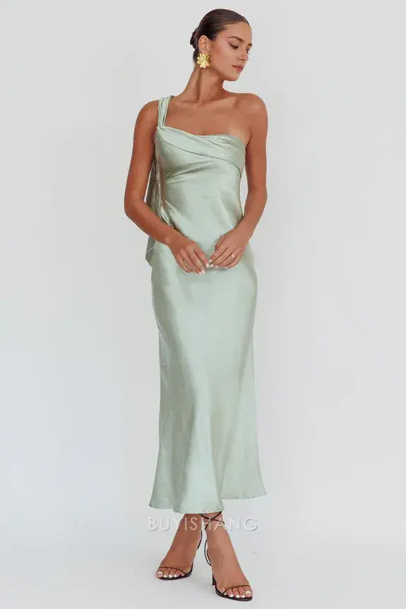 Fashionable Sheath/Column One Shoulder Sleeveless Open Back Ankle-Length prom dress