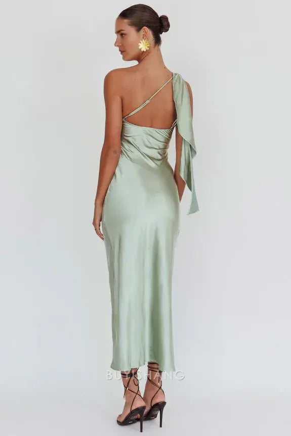 Fashionable Sheath/Column One Shoulder Sleeveless Open Back Ankle-Length prom dress
