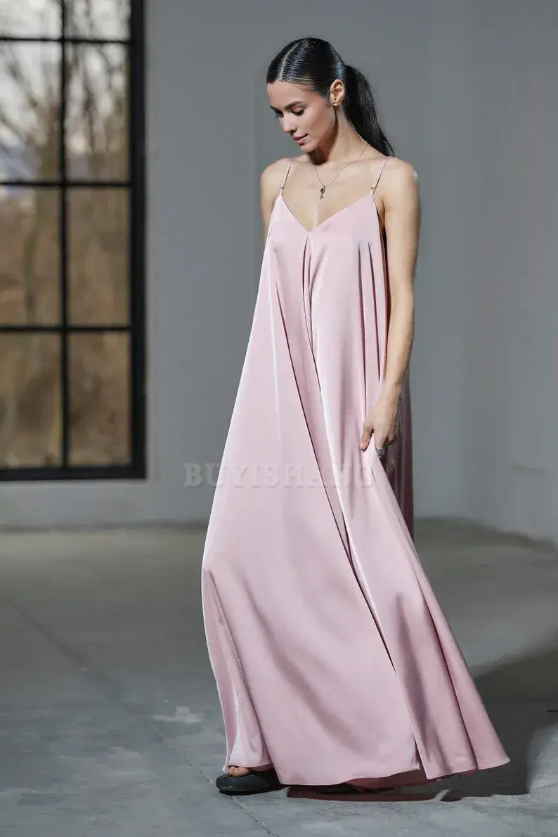 Buyishang Floor length powder pink satin slip dress Maxi silk dress Plus sizes available Cocktail and evenin womens clothing