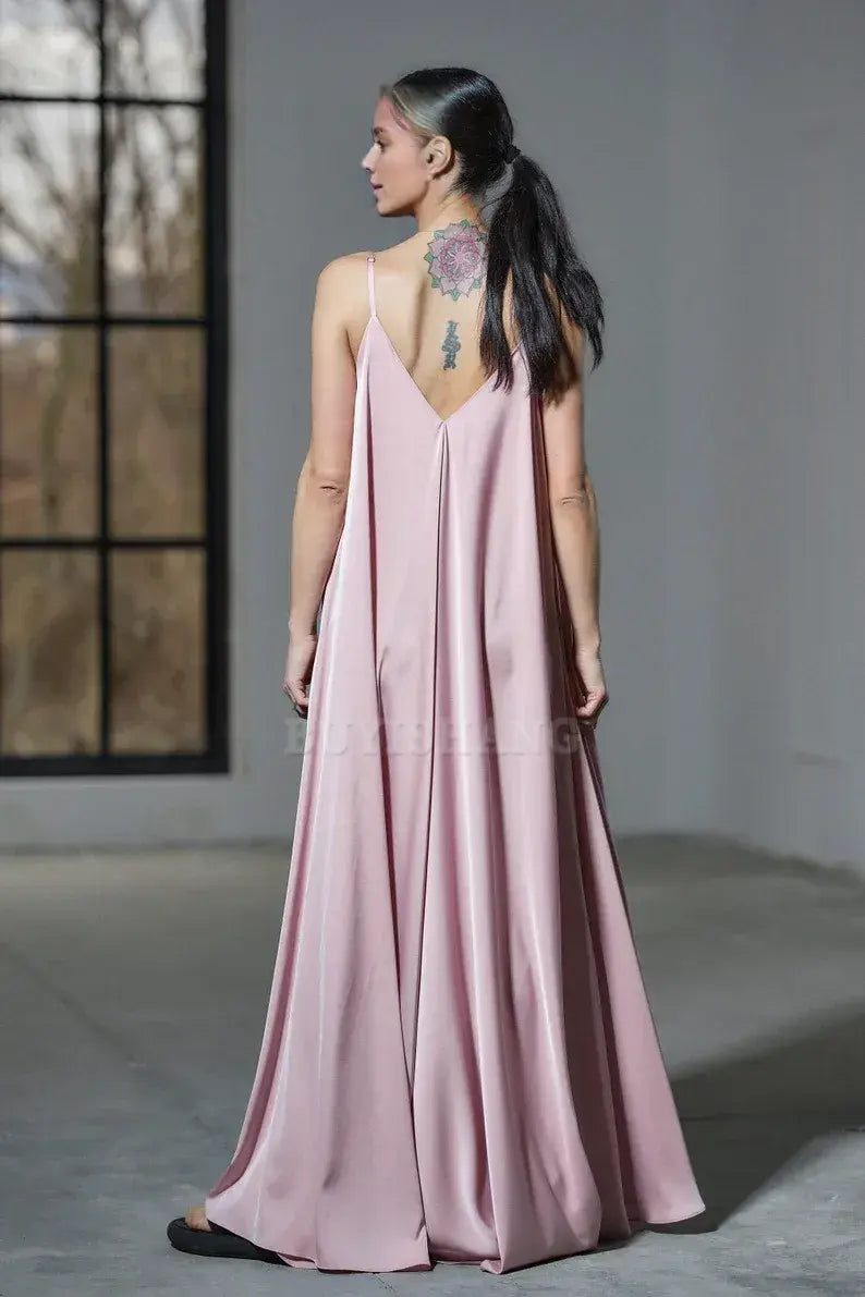 Buyishang Floor length powder pink satin slip dress Maxi silk dress Plus sizes available Cocktail and evenin womens clothing