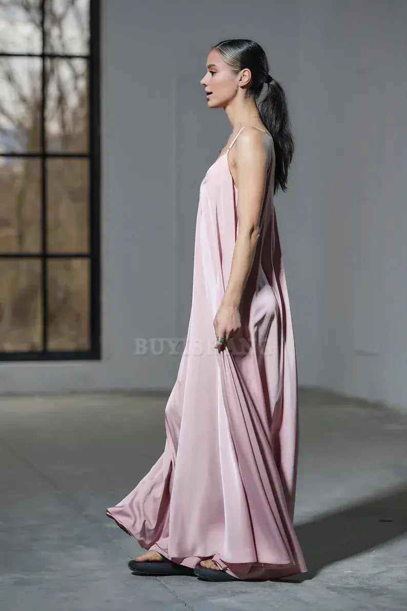 Buyishang Floor length powder pink satin slip dress Maxi silk dress Plus sizes available Cocktail and evenin womens clothing