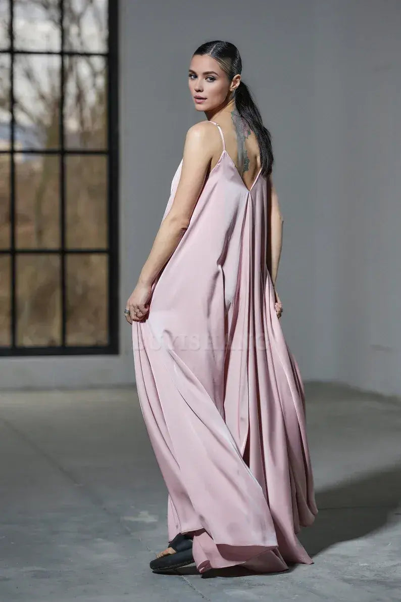 Buyishang Floor length powder pink satin slip dress Maxi silk dress Plus sizes available Cocktail and evenin womens clothing