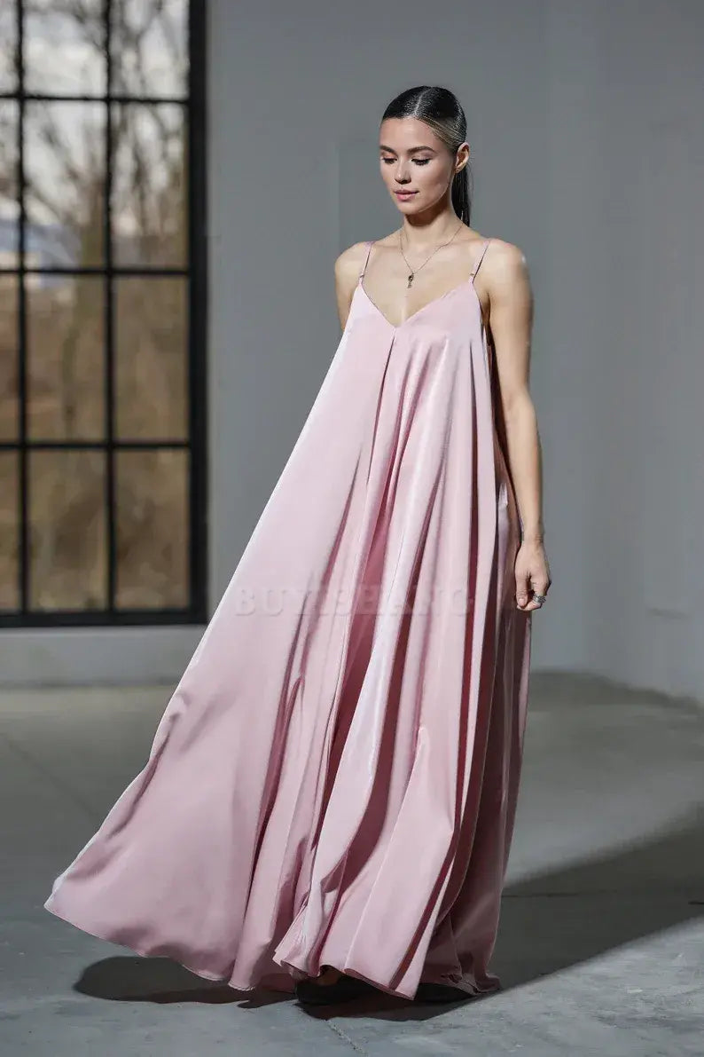 Buyishang Floor length powder pink satin slip dress Maxi silk dress Plus sizes available Cocktail and evenin womens clothing
