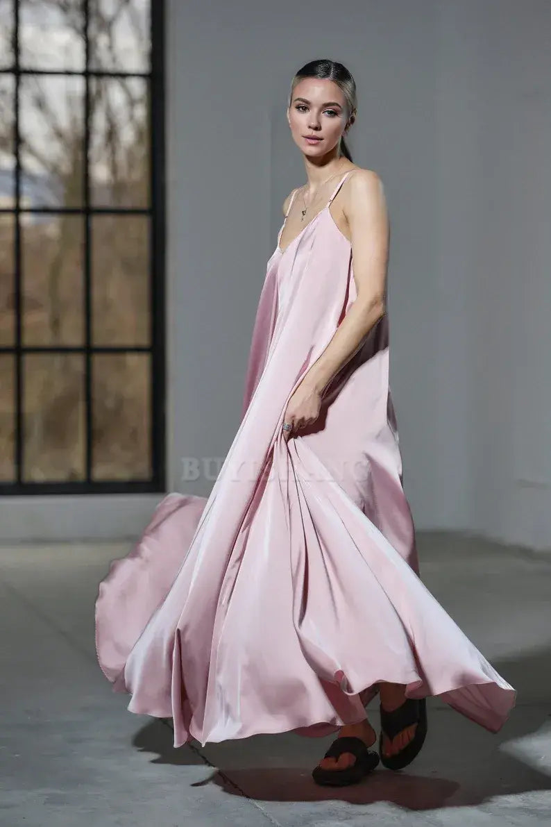Buyishang Floor length powder pink satin slip dress Maxi silk dress Plus sizes available Cocktail and evenin womens clothing