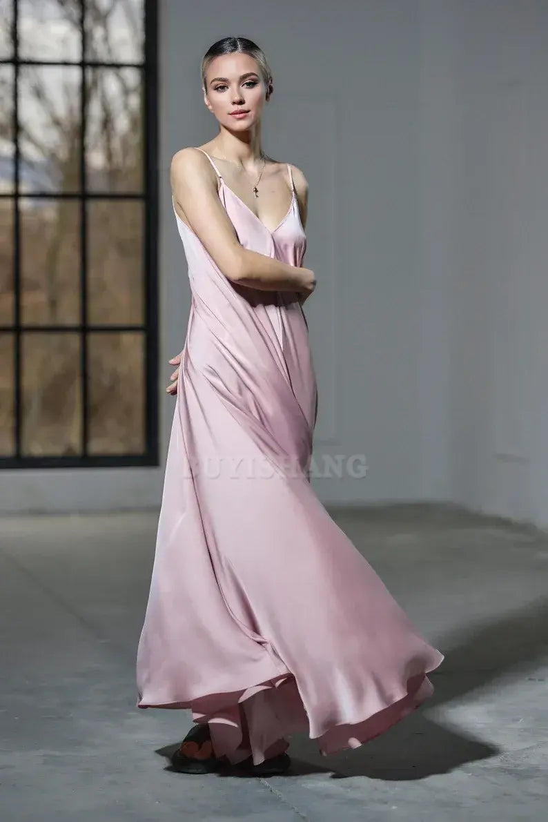 Buyishang Floor length powder pink satin slip dress Maxi silk dress Plus sizes available Cocktail and evenin womens clothing