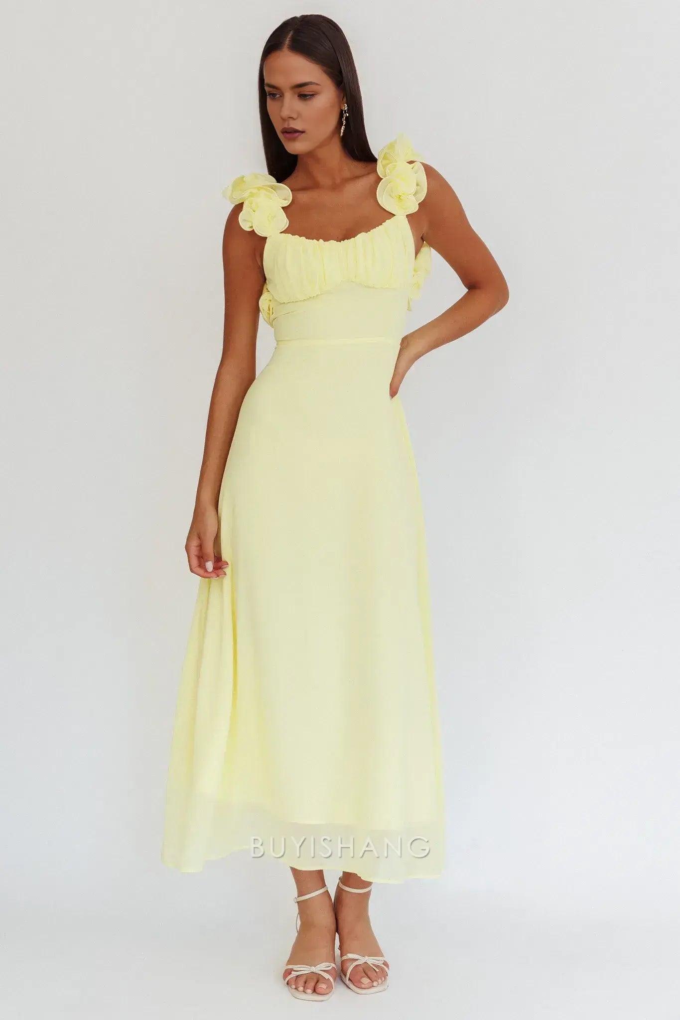 Fashionable Floral Ruffle Strap Lace - Up Back Maxi Dress prom dress