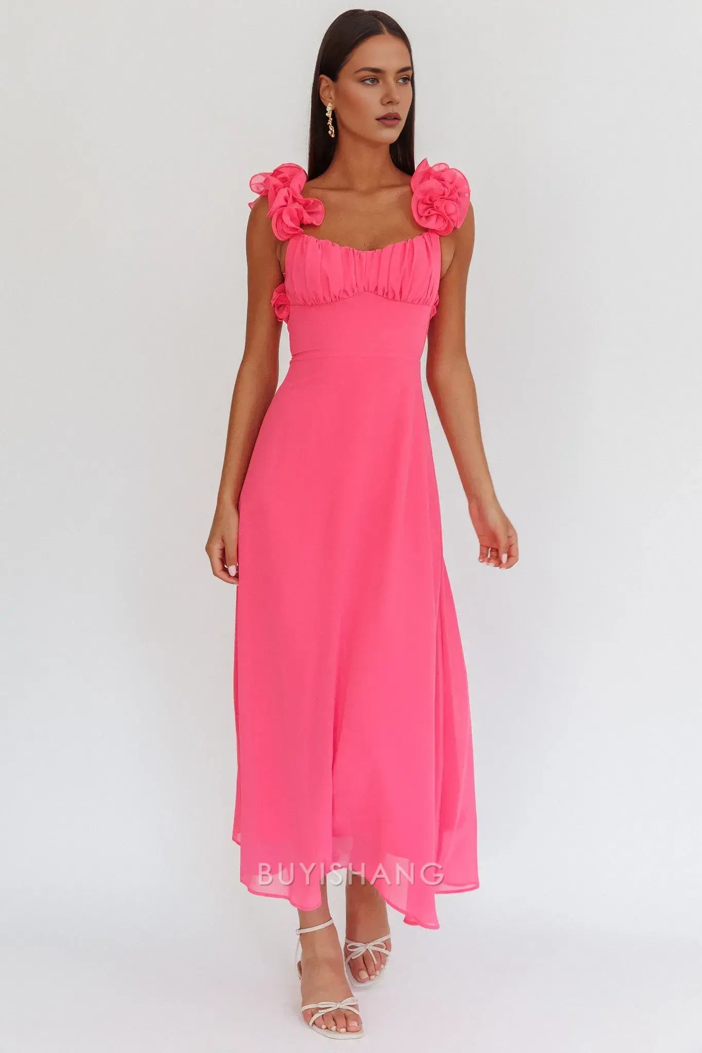 Fashionable Floral Ruffle Strap Lace - Up Back Maxi Dress prom dress
