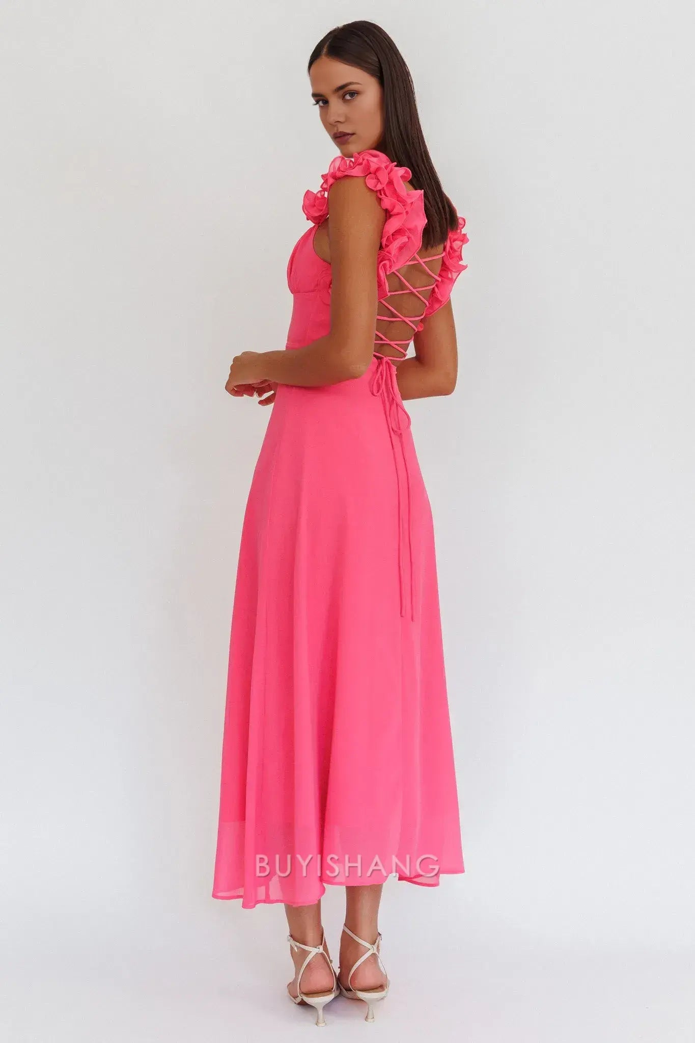 Fashionable Floral Ruffle Strap Lace - Up Back Maxi Dress prom dress