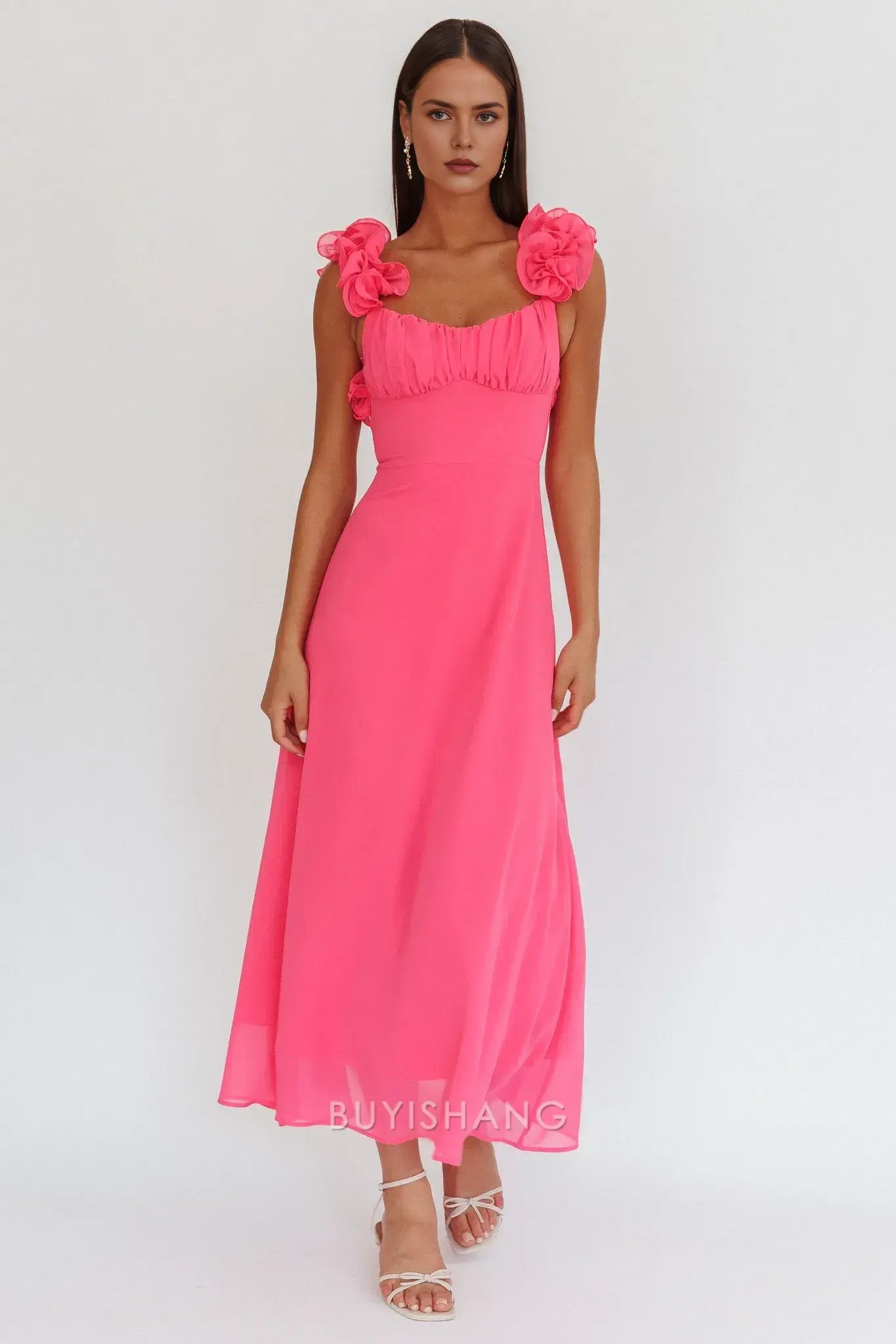 Fashionable Floral Ruffle Strap Lace - Up Back Maxi Dress prom dress