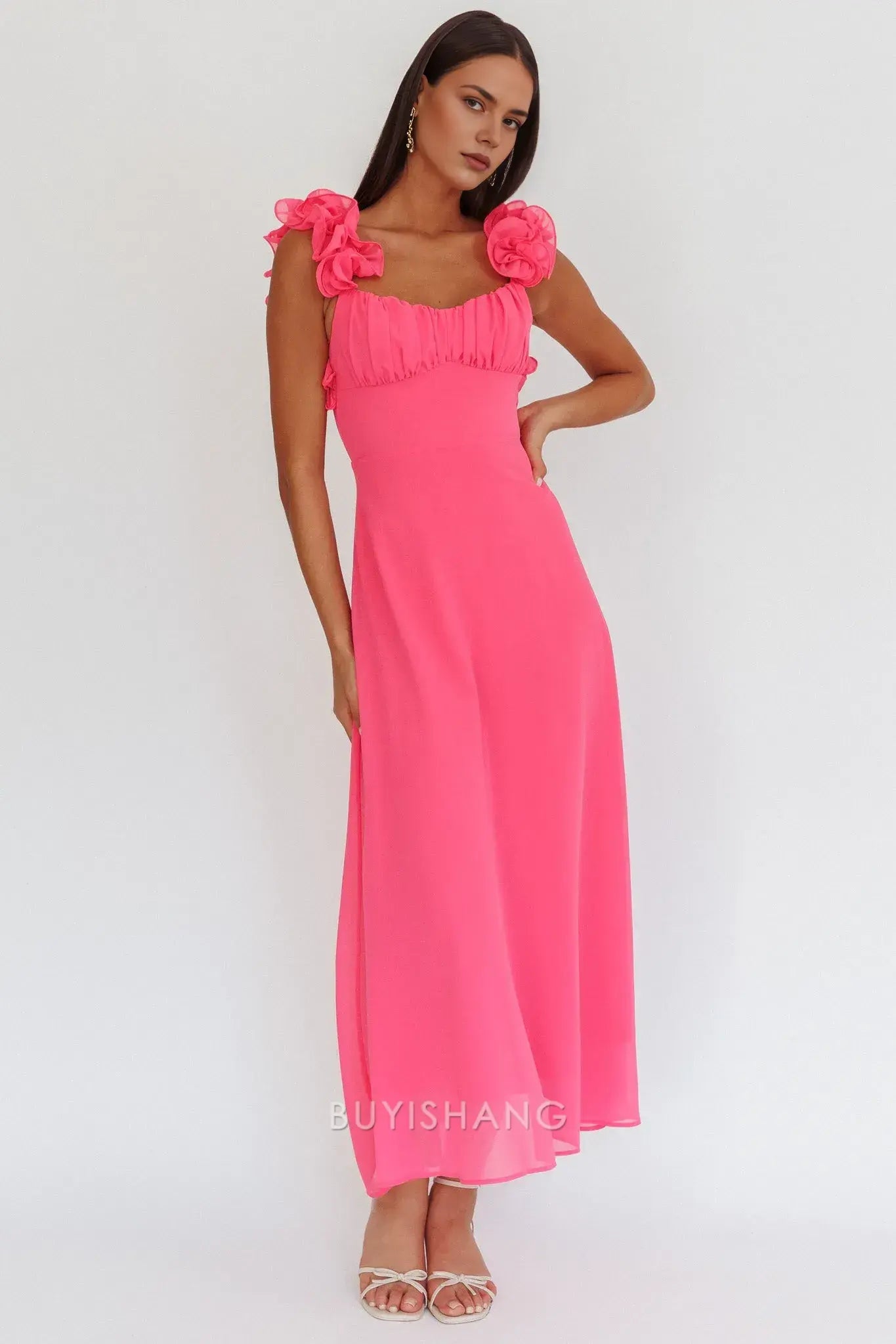 Fashionable Floral Ruffle Strap Lace - Up Back Maxi Dress prom dress