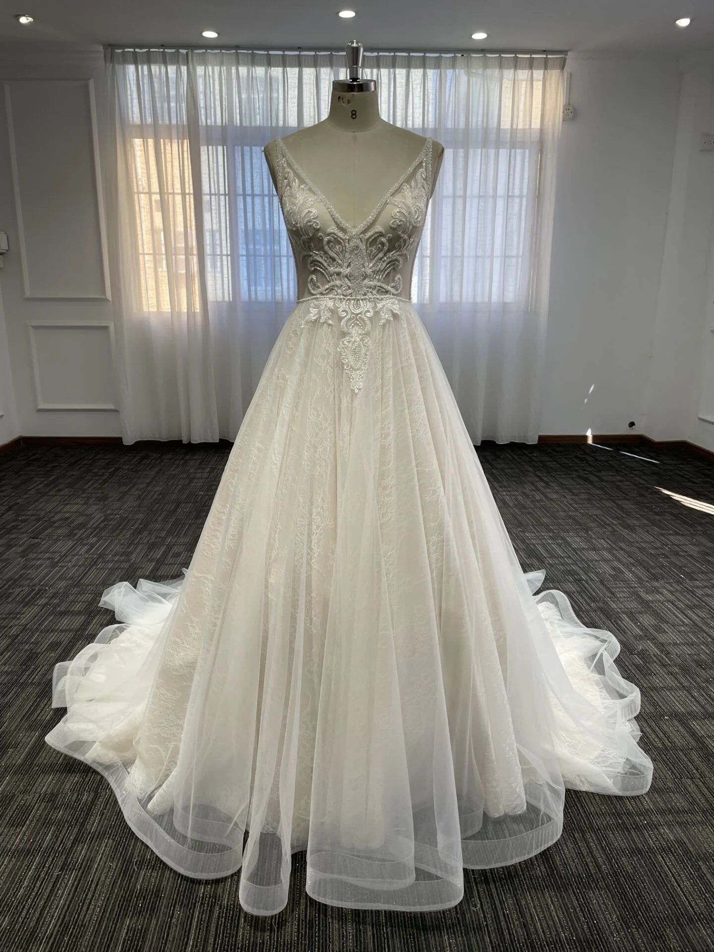 Flowy A Line V Neck Tulle Wedding Dresses with Beads Lace Appliques, Beach Bride Dresses