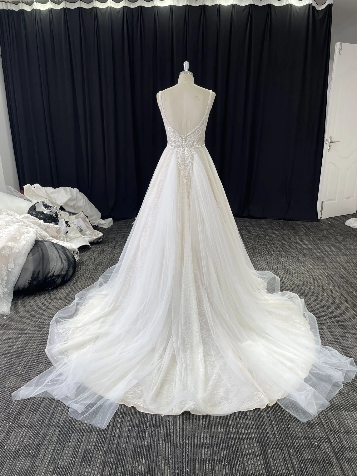 Flowy A Line V Neck Tulle Wedding Dresses with Beads Lace Appliques, Beach Bride Dresses