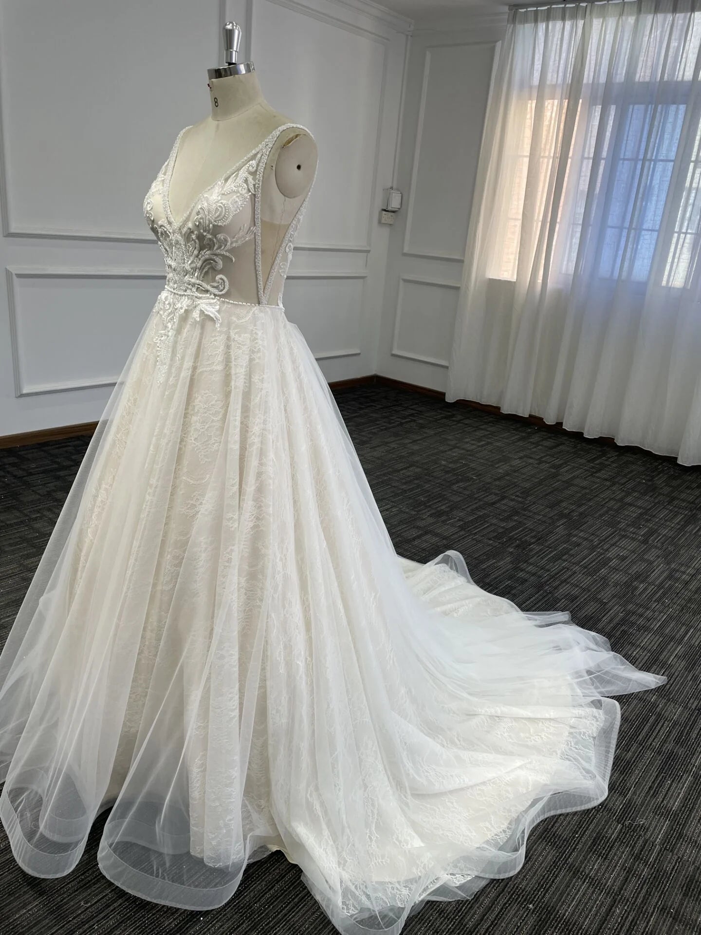 Flowy A Line V Neck Tulle Wedding Dresses with Beads Lace Appliques, Beach Bride Dresses