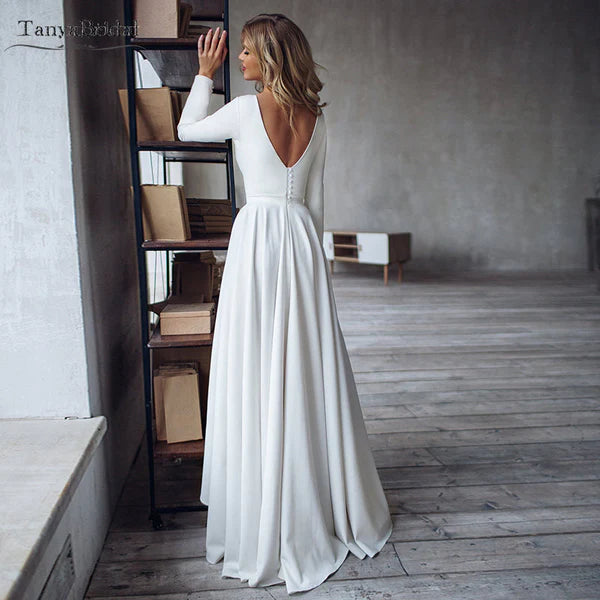 Buyishang Long Sleeves Mermaid Satin Open Back Wedding Dresses