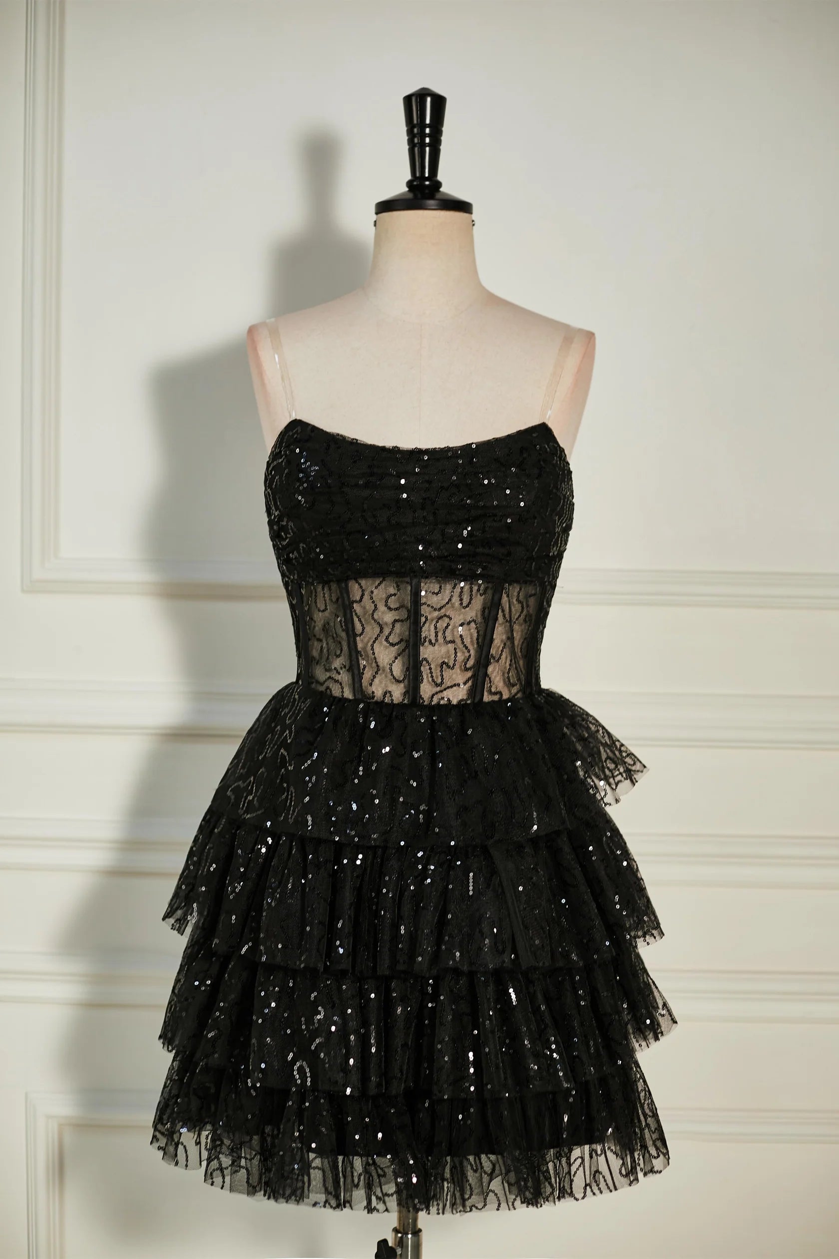 Glamorous A-Line Sweetheart Neck Sequin Black Mini Homecoming Dress