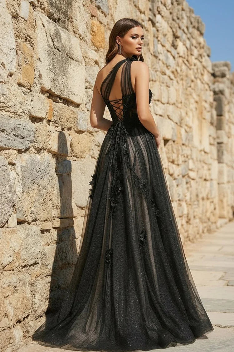 Glamorous Black A-Line Sweetheart One-Shoulder Lace-Up Back Floor-Length Prom Dresses with Appliques