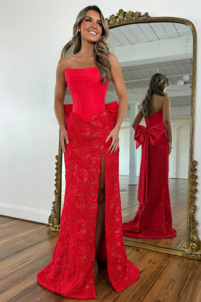Glamorous Mermaid Strapless Sleeveless Bow-Back Lace Floor-Length Prom Dresses High Side Slit